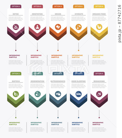 Infographic Biohacking template. Icons in different colors. Include Detox, Meditation, Drugs, Hydrate and others. 87742716