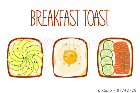 Set of toasts for breakfast with different fillings. Toasts with  avocado, egg, salmon and cucumber. Vector illustration 87742729