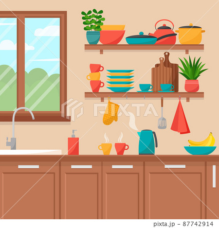 Kitchen interior. Shelves with cooking tools, vector illustration Kitchen interior. Shelves with cooking tools, vector illustration 87742914
