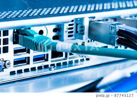 backside of server rack with patch cable connected into the switch panel 87743127