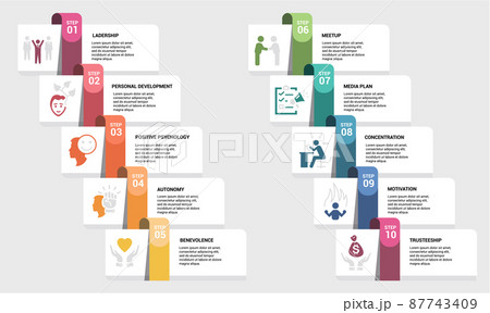 Infographic Business Management template. Icons in different colors. Include Leadership, Personal Development, Positive Psychology, Autonomy and others. 87743409