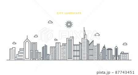 Cityscape. Modern flat line landscape vector. City landscape line art illustration with building, tower, skyscrapers. Vector illustration. Cityscape. Modern flat line landscape vector. City landscape line art illustration with building, tower, skyscrapers. Vector illustration. 87743451