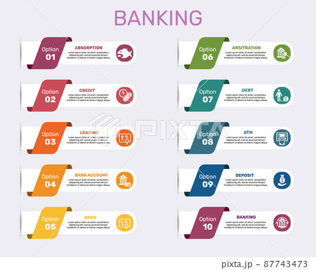 Infographic Banking template. Icons in different colors. Include Absorption, Credit, Leasing, Bank Account and others. 87743473