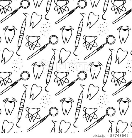 Dentist seamless pattern with thin line icons.Pattern with teeth in doodle style. Dentist seamless pattern with thin line icons.Pattern with teeth in doodle style. 87743645