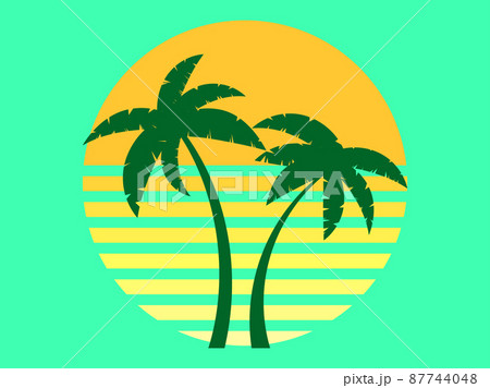 Retro futuristic palm trees in 80s style at sunset. Summer time, palm trees on the background of the sun, synthwave style. Design for advertising brochures and banners. Vector illustration Retro futuristic palm trees in 80s style at sunset. Summer time, palm trees on the background of the sun, synthwave style. Design for advertising brochures and banners. Vector illustration 87744048