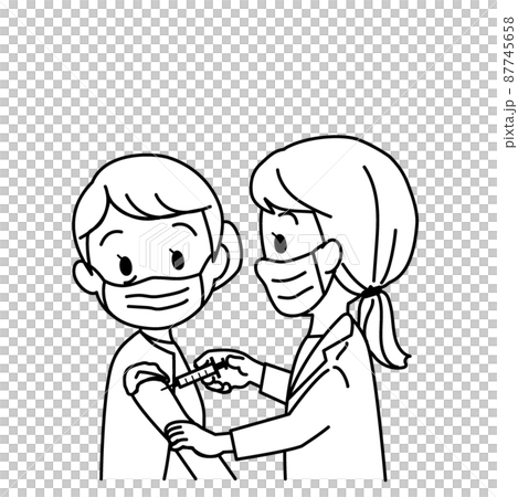 イラスト素材：シニア高齢者への新型コロナワクチン接種（予防接種/マスク/主線あり/白黒） 87745658