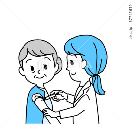 イラスト素材：シニア高齢者への新型コロナワクチン接種（予防接種/笑顔/主線あり/単色） 87745659