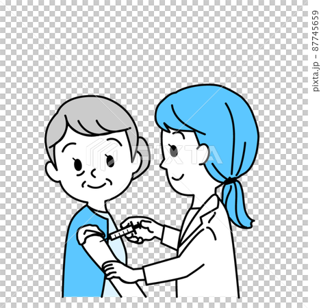 插圖素材：老年人新冠疫苗接種（接種/微笑/帶主線/單色） 87745659