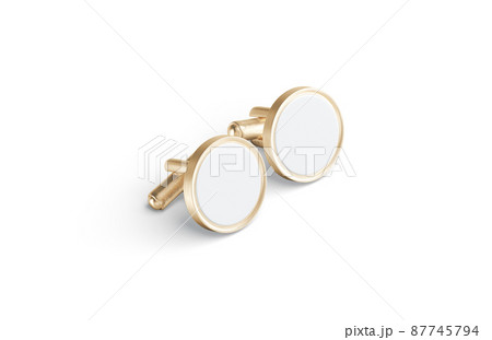 Blank round gold cufflinks toggle mockup pair lying, side view 87745794
