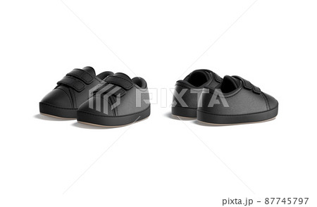 Blank black baby shoes pair mockup, half-turned view, side back Blank black baby shoes pair mockup, half-turned view, side back 87745797