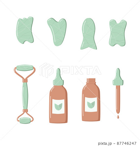 A set of trendy gua sha scrapers made of natural stone and cosmetic oil, roller massager for facial care. Vector illustration skin care concept 87746247