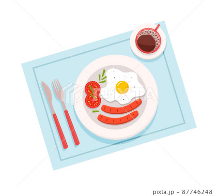 Fried egg, sausage and tomatoes on a plate, a cup of coffee. Breakfast concept, flat lay. Vector illustration of cooked food 87746248