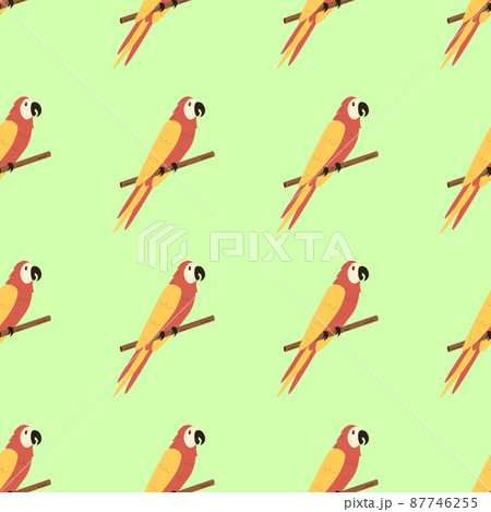 Seamless pattern cute cartoon macaw parrot is sitting on a branch. Background, wallpaper for printing on clothing packaging 87746255