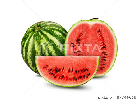 Green, striped watermelon isolated on white with copy space for text, images. Cross-section. Berry with pink flesh, black seeds. Side view. Close-up. Green, striped watermelon isolated on white with copy space for text, images. Cross-section. Berry with pink flesh, black seeds. Side view. Close-up. 87746659