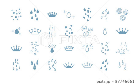 シンプルでかわいい手描きの雫のイラスト　水滴　雨粒　ミルククラウン　装飾セット 87746661