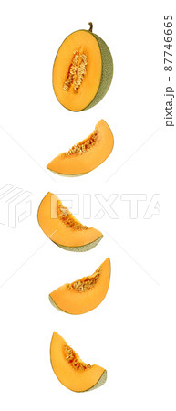 Set of some cantaloupe melons in a cross-section, isolated on white background with copy space for text or images. Side view. Close-up shot. Set of some cantaloupe melons in a cross-section, isolated on white background with copy space for text or images. Side view. Close-up shot. 87746665