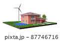 Eco Brick House with solar panels and wind turbine, realistic 3d rendering illustration 87746716