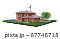 Eco Brick House with solar panels and wind turbine, realistic 3d rendering illustration 87746718