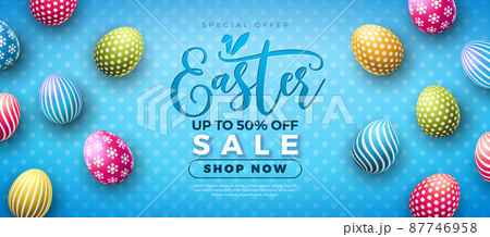 Easter Sale Illustration with Colorful Painted Egg on Blue Background. Vector Easter Holiday Design Template for Coupon, Web Banner, Voucher or Promotional Poster. Easter Sale Illustration with Colorful Painted Egg on Blue Background. Vector Easter Holiday Design Template for Coupon, Web Banner, Voucher or Promotional Poster. 87746958