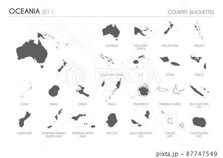Set of 22 high detailed silhouette maps of Oceanian Countries and territories, and map of Oceania vector illustration. 87747549