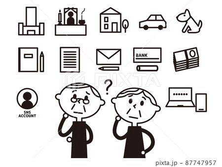 終活関連と高齢夫婦_ピクトグラム_白黒 終活関連と高齢夫婦_ピクトグラム_白黒 87747957