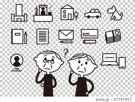 終活関連と高齢夫婦_ピクトグラム_白黒 終活関連と高齢夫婦_ピクトグラム_白黒 87747957