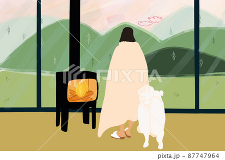 Woman standing with dog by the fireplace enjoying view on the mountains Woman standing with dog by the fireplace enjoying view on the mountains 87747964