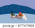 Man and woman sitting on chairs with a dog at picnic in the mountains 87747968