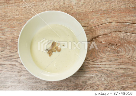 creamy soup topping slice champignon mushrooms in bowl creamy soup topping slice champignon mushrooms in bowl 87748016
