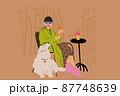 Stylish woman with her dog at cafe terrace. Vector illustration 87748639