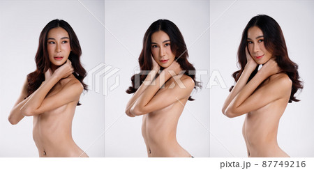 Nudity Woman poses fashion with hands and arms to protect herself with art. Nude topless female 87749216
