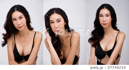 Half Body Portrait of 20s Asian Woman black hair very slim wear sexy dress. Transgender beautiful 87749254