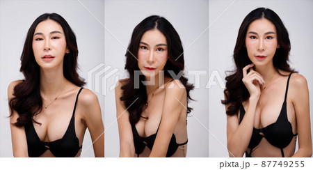 Half Body Portrait of 20s Asian Woman black hair very slim wear sexy dress. Transgender beautiful 87749255