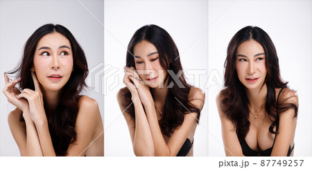 Half Body Portrait of 20s Asian Woman black hair very slim wear sexy dress. Transgender beautiful 87749257