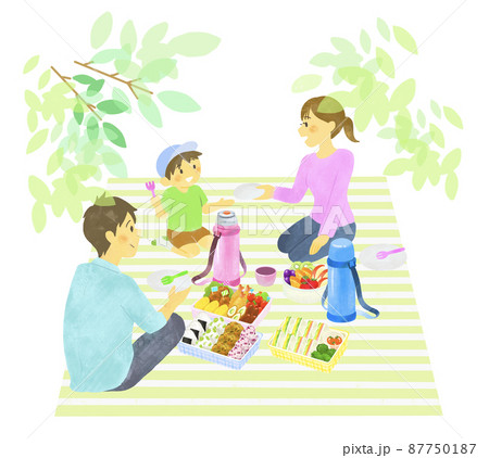 レジャーシートの上でお弁当を囲む家族　ピクニック 87750187