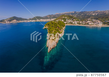 Aerophotography. View from flying drone. Panoramic cityscape of Budva, Montenegro. Top View. Beautiful destinations 87750567
