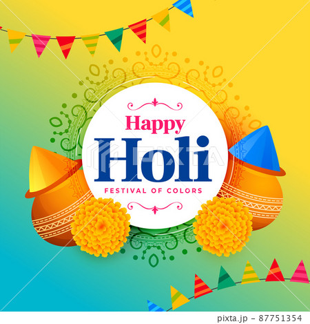 happy holi wishes greeting with garlands and gulaal pot 87751354