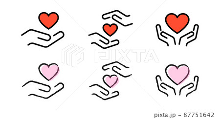 手の間の愛情 赤いハート型保険のベクターアイコンイラスト素材セットのイラスト素材