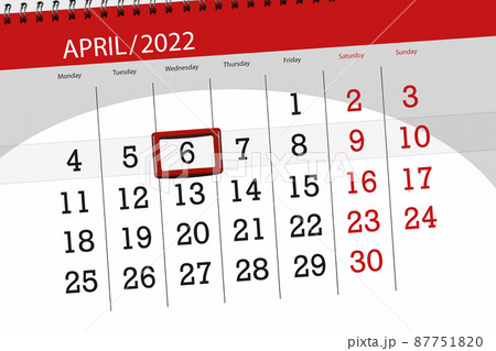 Calendar planner for the month april 2022, deadline day, 6, wednesday 87751820
