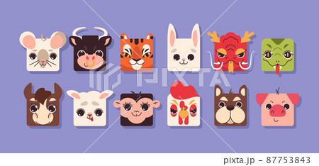 Flat chinese zodiac square animals faces set 87753843
