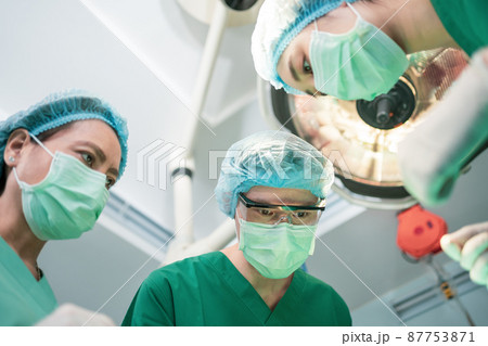 Low Angle Shot of Professional surgeons team performing surgery in operating room, surgeon, Assistants, and Nurses Performing Surgery on a Patient, health care cancer and disease treatment concept 87753871