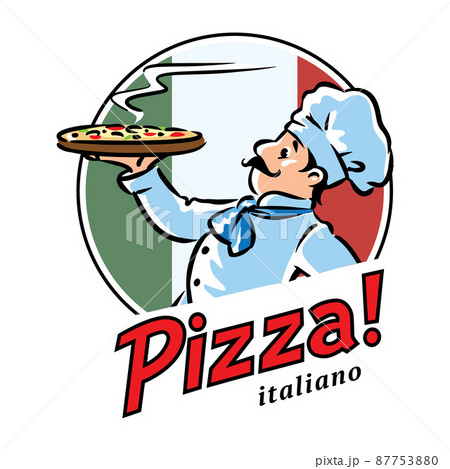 Funny chef with pizza. Emblem or logo design 87753880