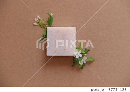 Flat lay of a handmade organic vegan soap showing the concept of sustainable comfort and Springtime 87754123