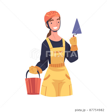 Young Woman Builder in Overall and Helmet with Bucket and Palette Knife Vector Illustration Young Woman Builder in Overall and Helmet with Bucket and Palette Knife Vector Illustration 87754982