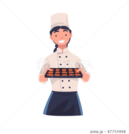 Young Woman Chef or Cook in Toque Holding Tray with Baked Cookie Vector Illustration 87754998