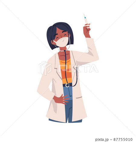 Young Woman Doctor in White Coat with Stethoscope and Syringe Vector Illustration 87755010