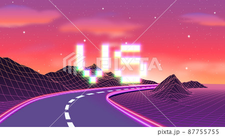 Versus sign with arcade game style with pixel letters over synthwave landscape. 80s styled VS emblem for competition poster. Versus sign with arcade game style with pixel letters over synthwave landscape. 80s styled VS emblem for competition poster. 87755755