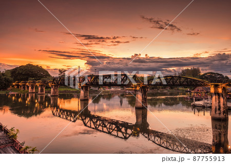 Sunset sky over death railway bridge over river kwai at Kanchanaburi, Thailand 87755913