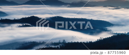 Foggy flowing on mountain range in the valley at countryside 87755960