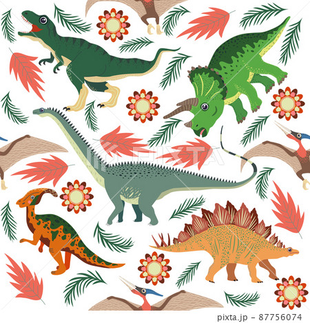 Hand drawn seamless pattern with dinosaurs and tropical leaves and flowers. Perfect for kids fabric, textile, nursery wallpaper. Cute dino design. Hand drawn seamless pattern with dinosaurs and tropical leaves and flowers. Perfect for kids fabric, textile, nursery wallpaper. Cute dino design. 87756074